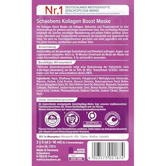 Schaebens COLLAGEN BOOST MASK - INTENSIVE CARE FOR SMOOTHER AND YOUNGER LOOKING SKIN WITH COLLAGEN, BAKUCHIOL AND GRAPE SEED OIL FOR DEMANDING SKIN, 2 APPLICATIONS - Image 2
